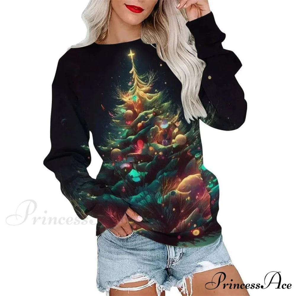 Elegant Casual Loose Round Neck Outdoor Autumn Winter Christmas Tree Hoodie black 1 / XXS Christmas Hoodies-L
