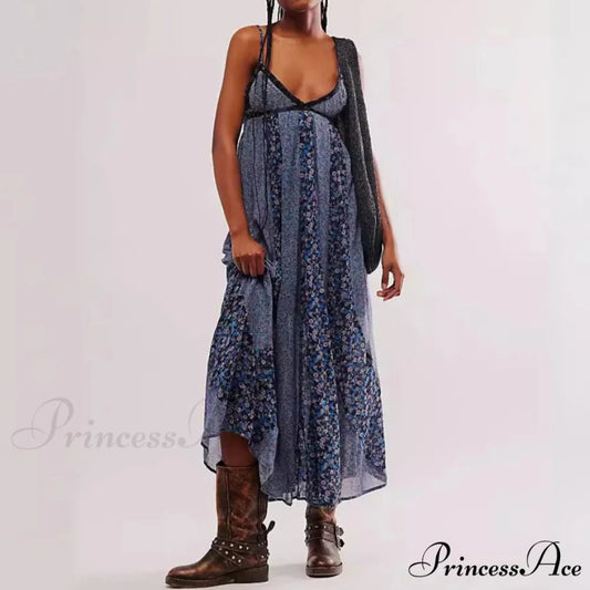 Elegant Chiffon Floral Bohemian Dress Blue / S bohodress-250126