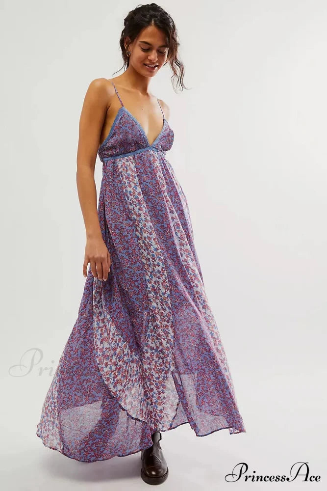Elegant Chiffon Floral Bohemian Dress Lavender / S bohodress-250126