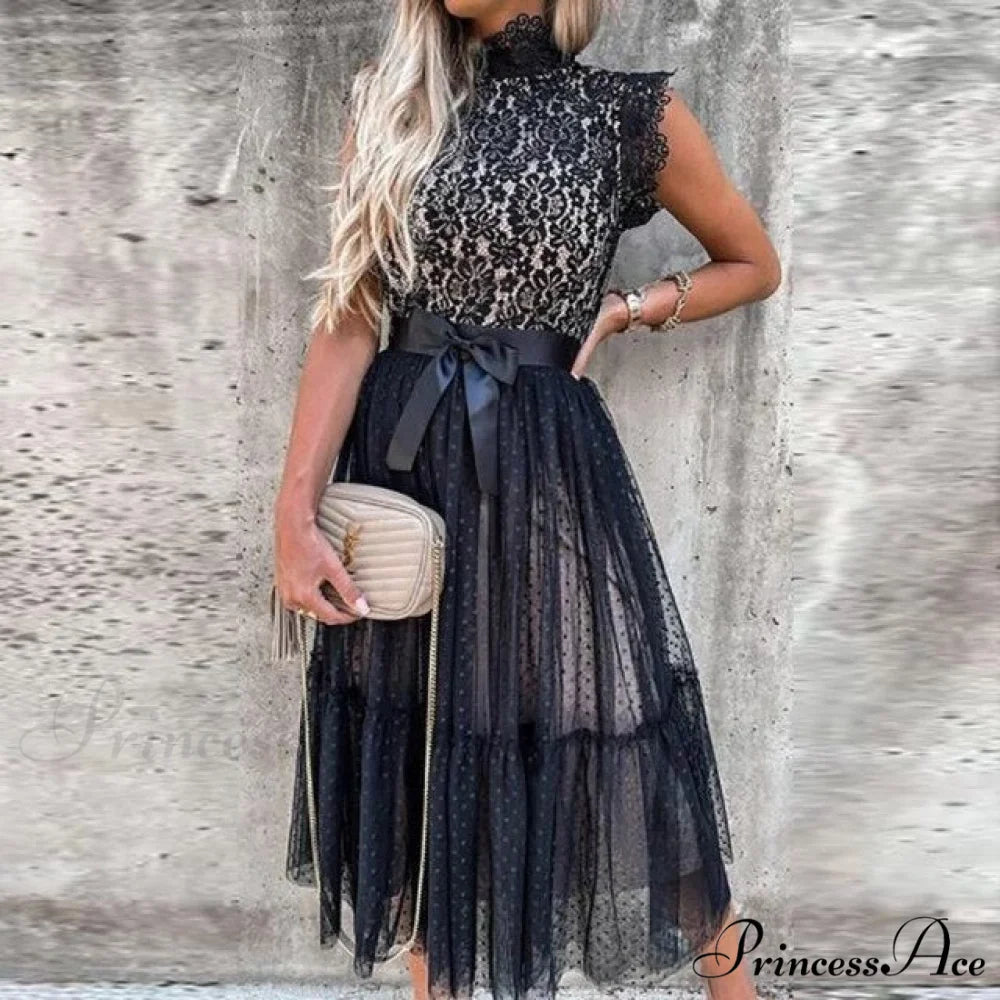 Elegant Crochet Lace Patchwork Flower Dress 02 Black 2 / S