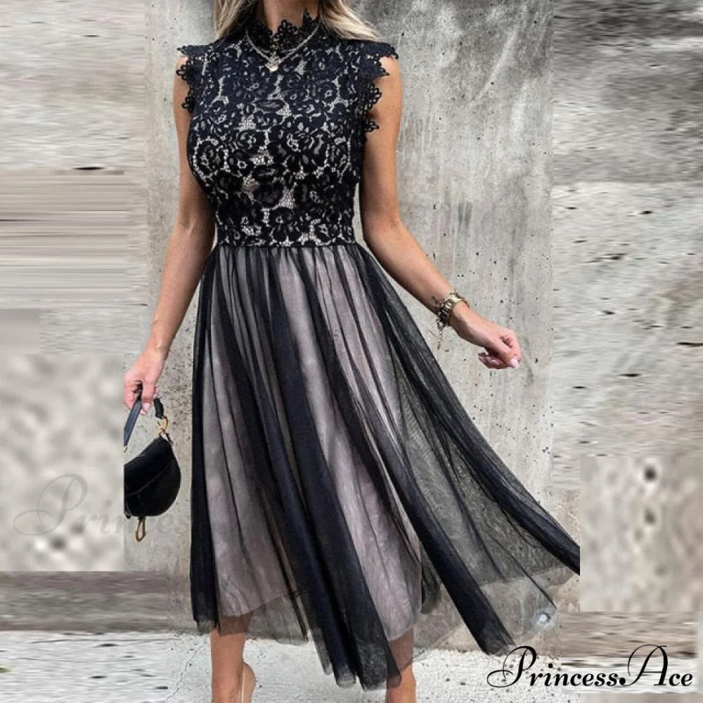 Elegant Crochet Lace Patchwork Flower Dress 02 Black / S