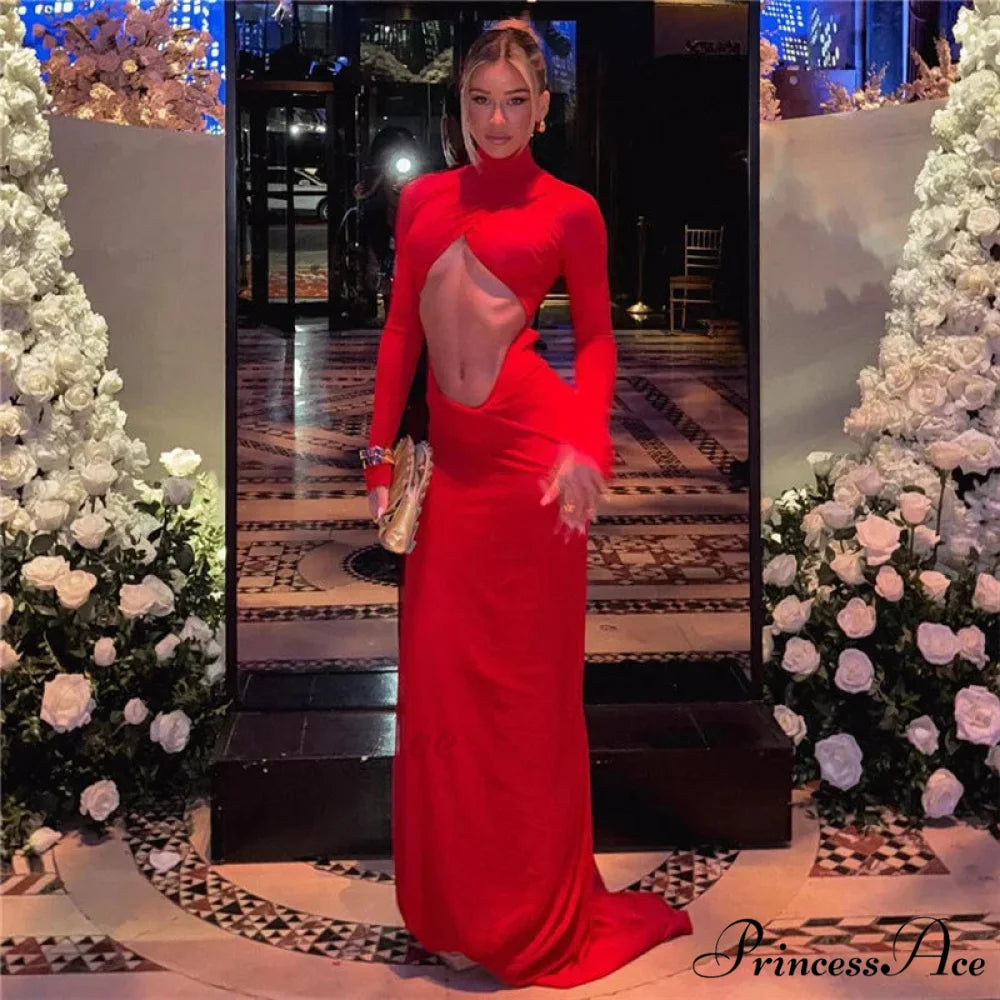 Elegant Cut Out Maxi Dress Party Club Long Sleeve Ruched Christmas Party Dress