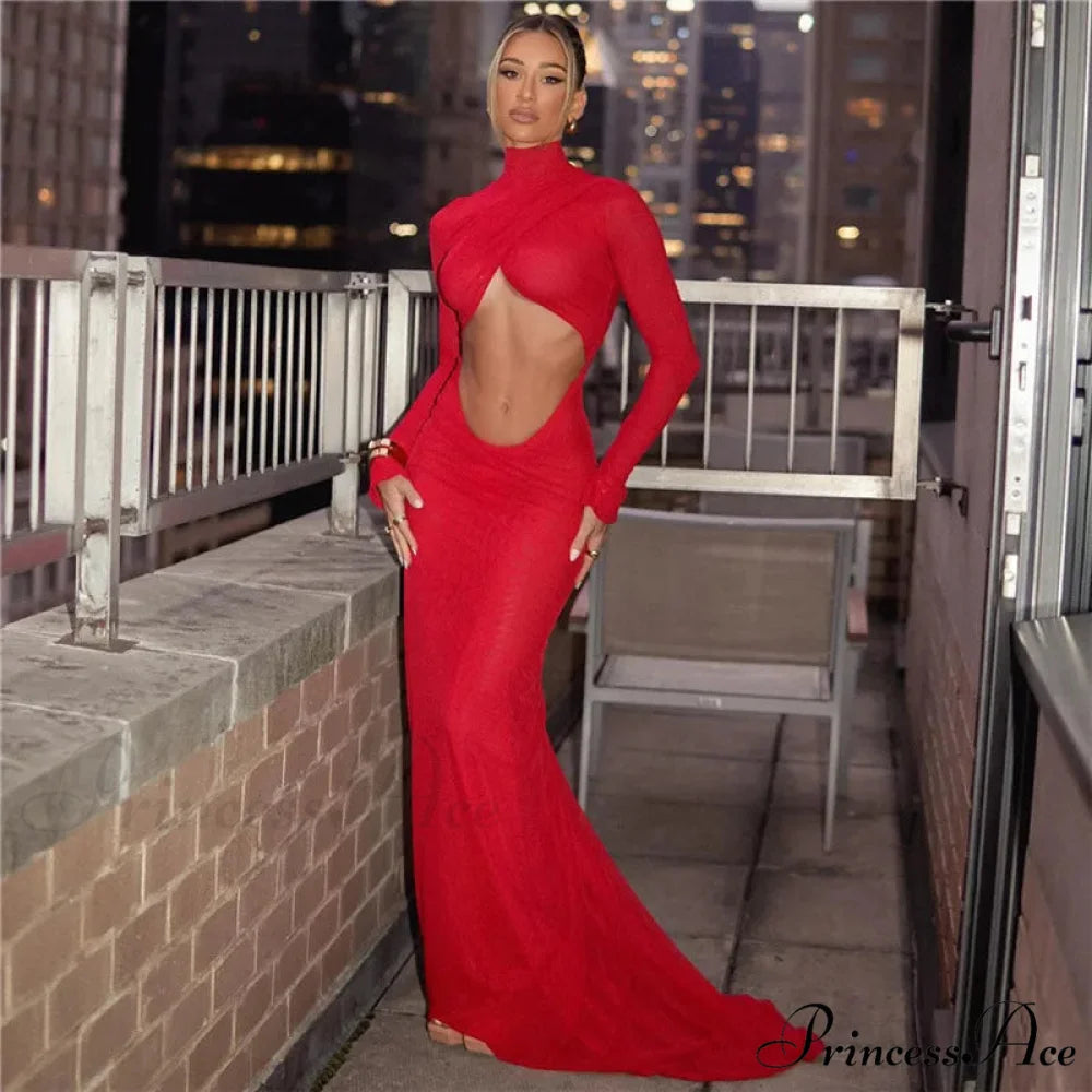 Elegant Cut Out Maxi Dress Party Club Long Sleeve Ruched Christmas Party Dress Red / S