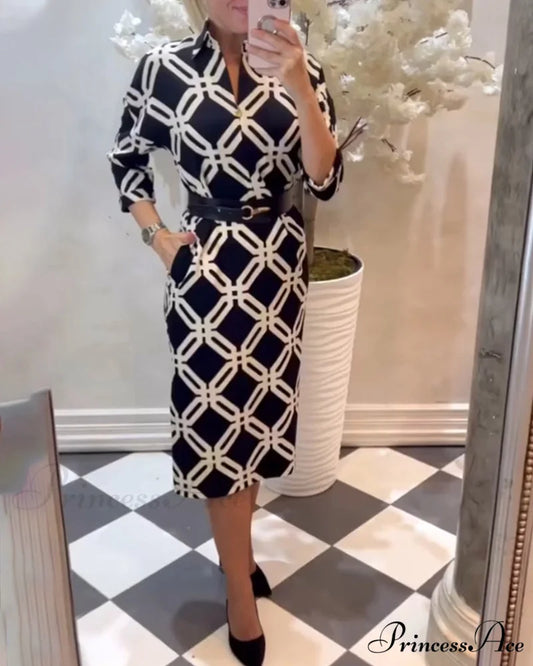 Elegant Dress with Geometric Print and Side Slit Black / S
