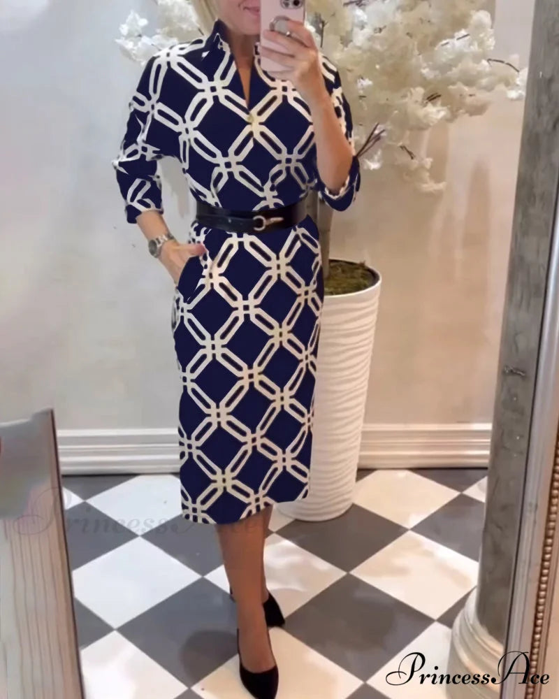 Elegant Dress with Geometric Print and Side Slit Blue / S