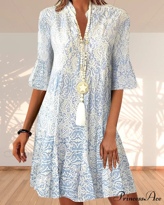Elegant Dress with Printed Half-Sleeves Blue / S