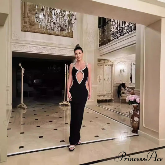 Elegant Ebony Sleeveless Crystal Halter Gown Prom Dress promdress-250223