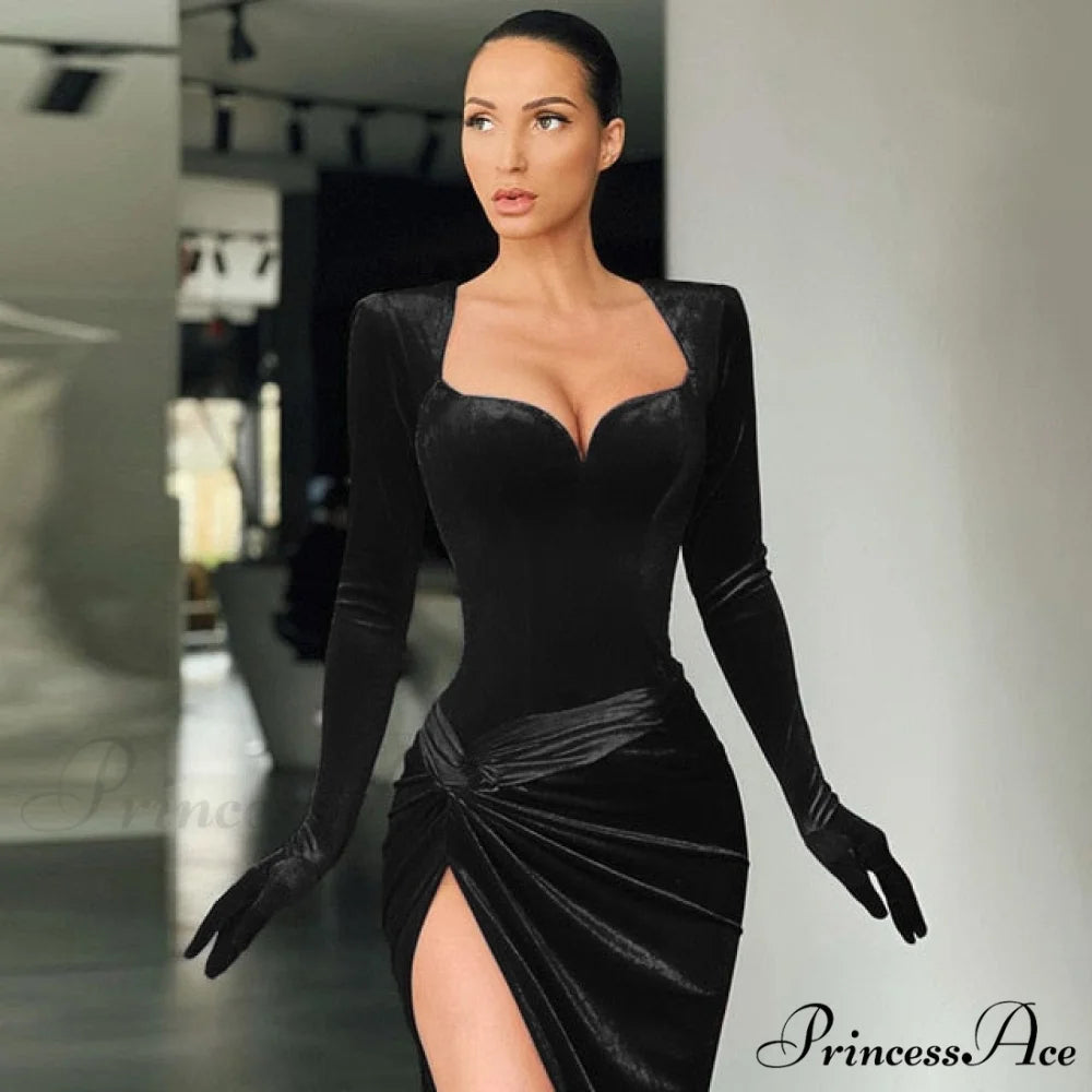 Elegant Evening Gloves Sleeve Velvet Slit Maxi Dress Black / L
