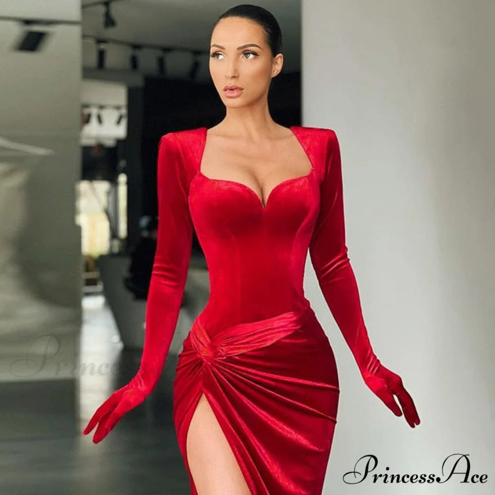 Elegant Evening Gloves Sleeve Velvet Slit Maxi Dress Red / S