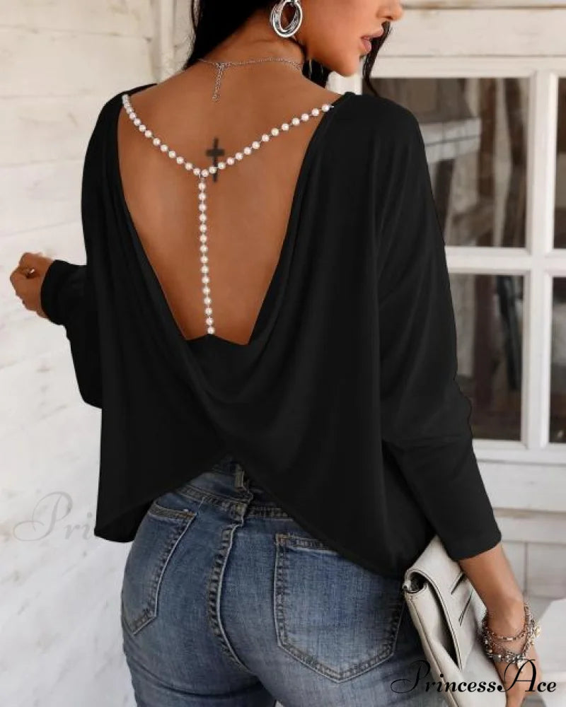 Elegant Fashion Casual Long Sleeve T-shirt black / S