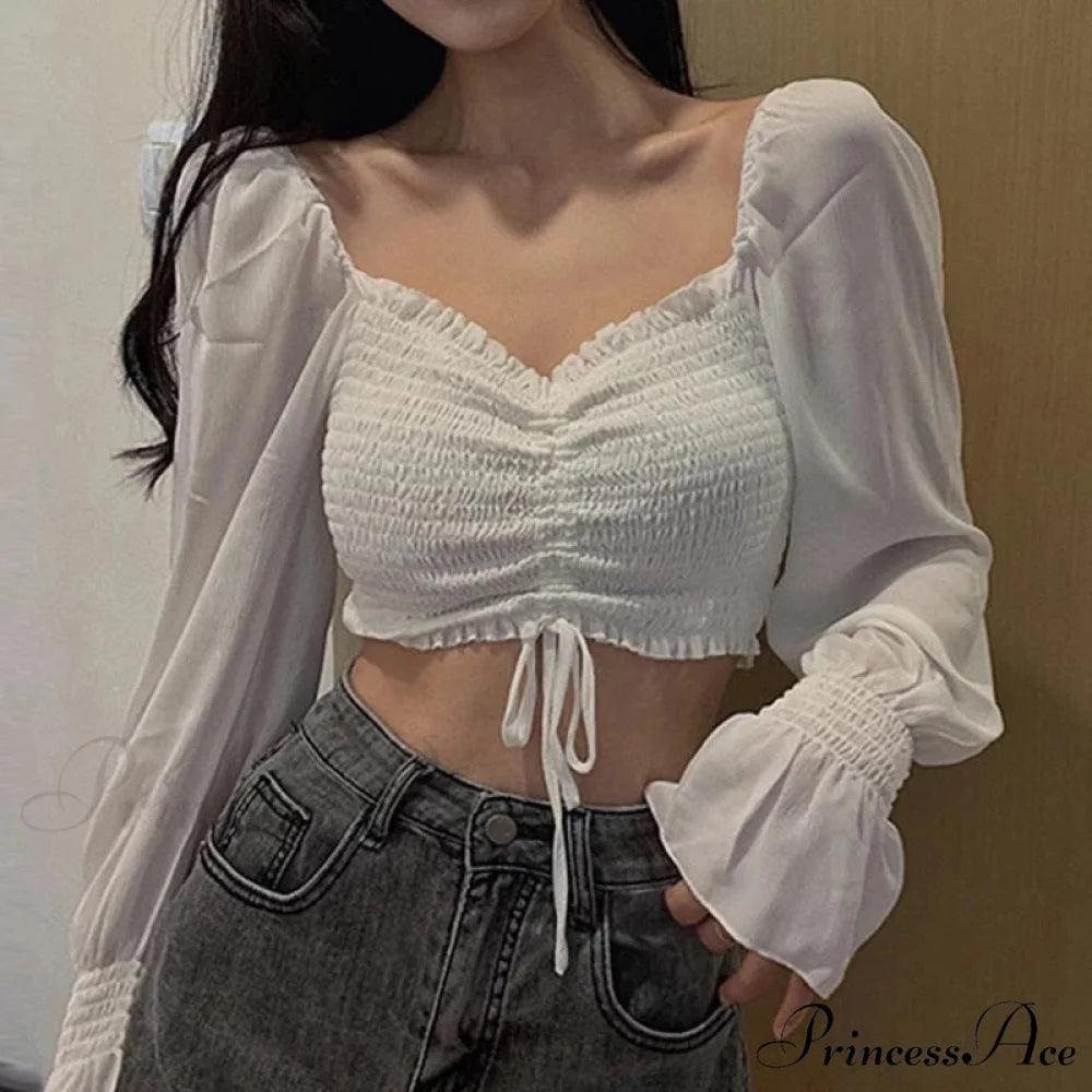 Elegant Fashion Puff Arm Chiffon Crop Women’s - Blouse Top