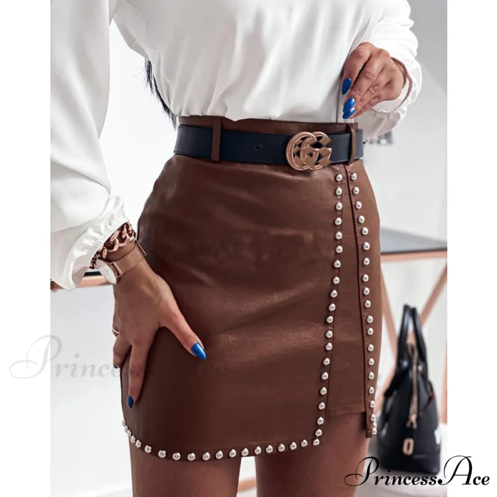 Elegant Fashion Rivets PU Leather Skirts Auburn / S