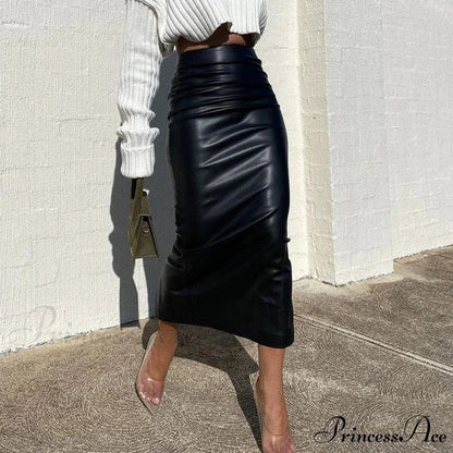 Elegant Fashion Ruched Slim High Waist PU Leather Black Trendy Midi Skirt Black / S