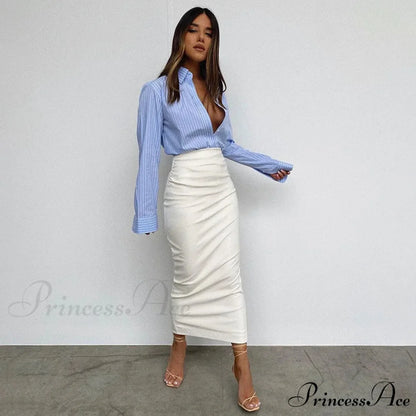 Elegant Fashion Ruched Slim High Waist PU Leather Black Trendy Midi Skirt White / S