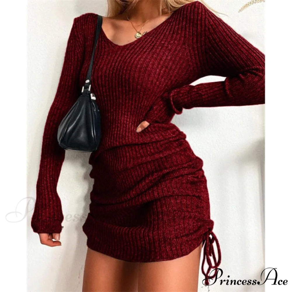 Elegant Fashion V-Neck Long Sleeve Bodycon Party Dresses Burgundy / M