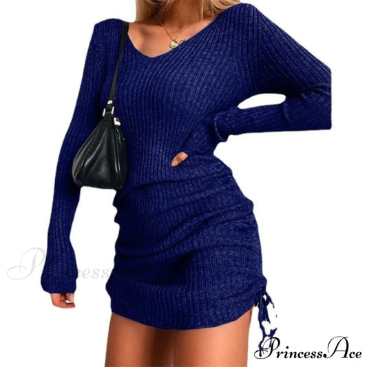 Elegant Fashion V-Neck Long Sleeve Bodycon Party Dresses Navy Blue / M