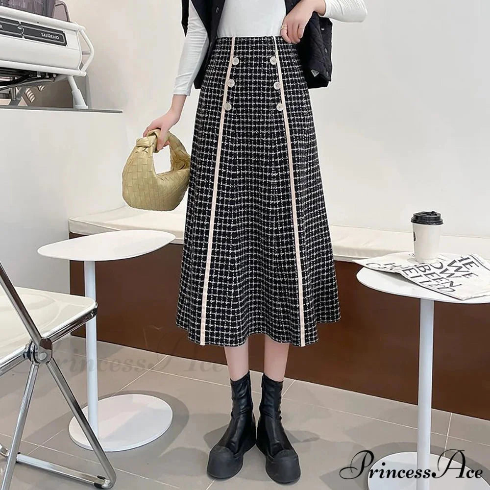 Elegant Fashionable Plaid High-Waisted New Trendy Autumn Winter A-line Swing Skirt Black / S