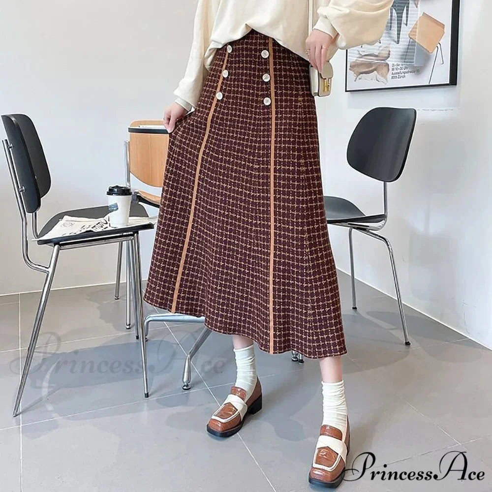 Elegant Fashionable Plaid High-Waisted New Trendy Autumn Winter A-line Swing Skirt Coffee / S