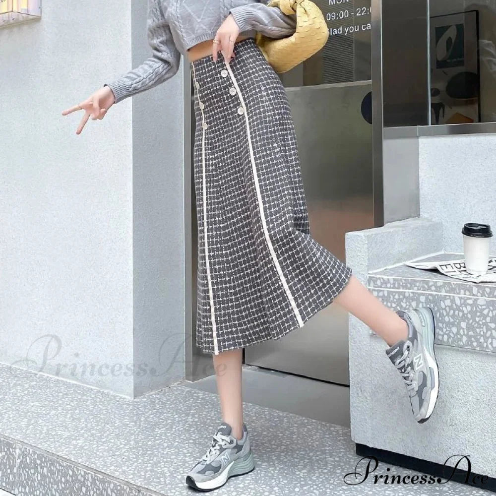 Elegant Fashionable Plaid High-Waisted New Trendy Autumn Winter A-line Swing Skirt Grey / S