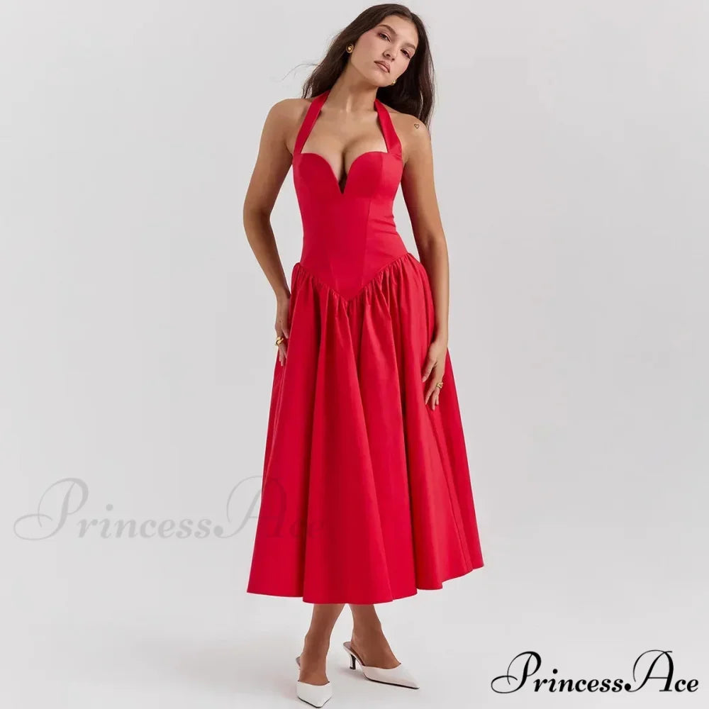 Elegant Fit and Flare Casual Sexy Christmas Party Dress Red / XS