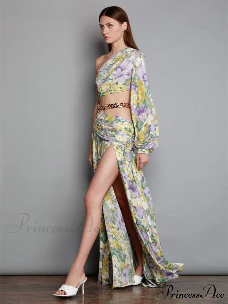 Elegant Floral Irregular Cut Out Long Sleeve Dress