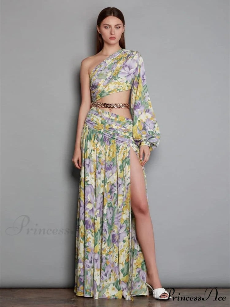 Elegant Floral Irregular Cut Out Long Sleeve Dress color 1 / XS
