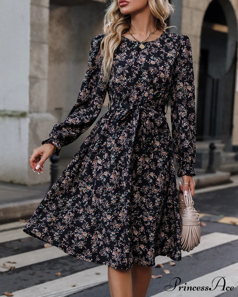 Elegant Floral Print Dress Black / S