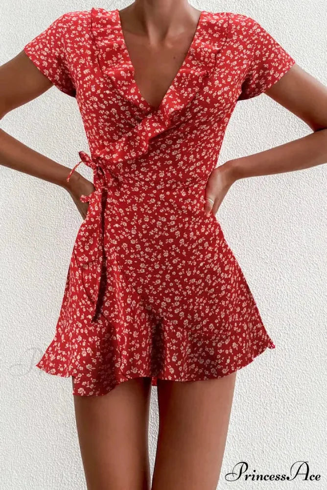 Elegant Floral Ruffles V-neck Bandage Chic Flowers Mini Dress Red / S