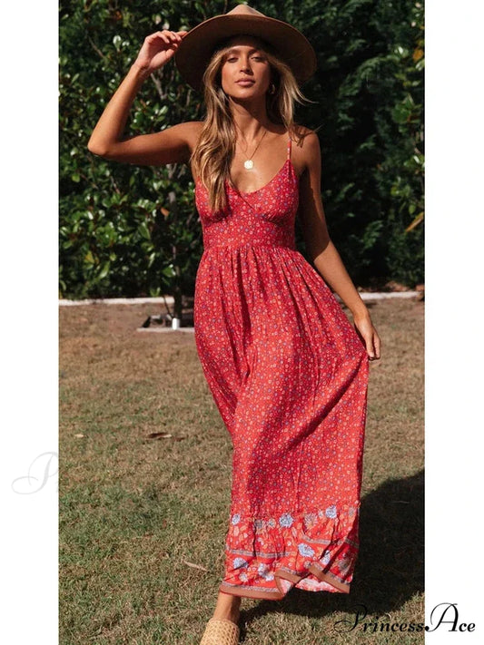 Elegant Floral V-Neck Sleeveless Boho Dress