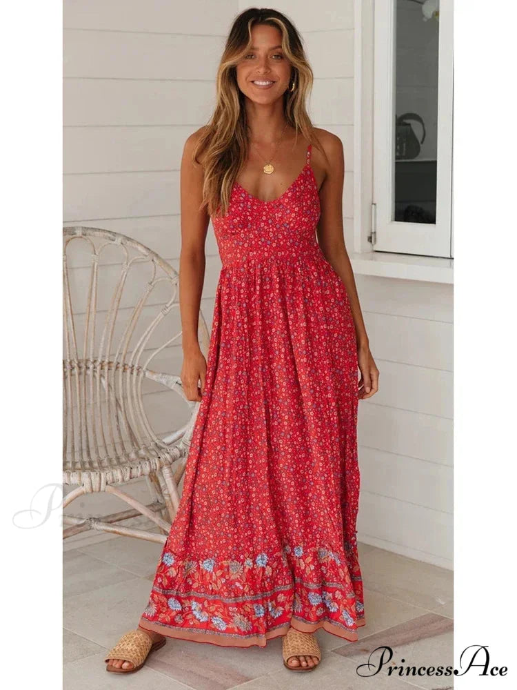 Elegant Floral V-Neck Sleeveless Boho Dress