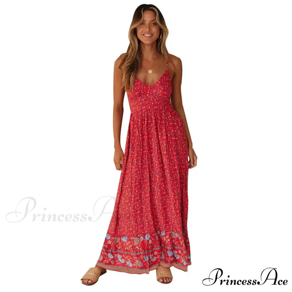 Elegant Floral V-Neck Sleeveless Boho Dress Red / S