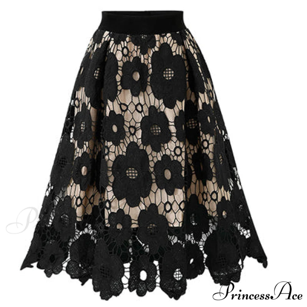 Elegant Flower Hollow Out Lace Skirts Black / M