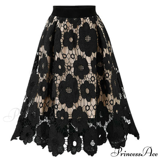 Elegant Flower Hollow Out Lace Skirts Black / M