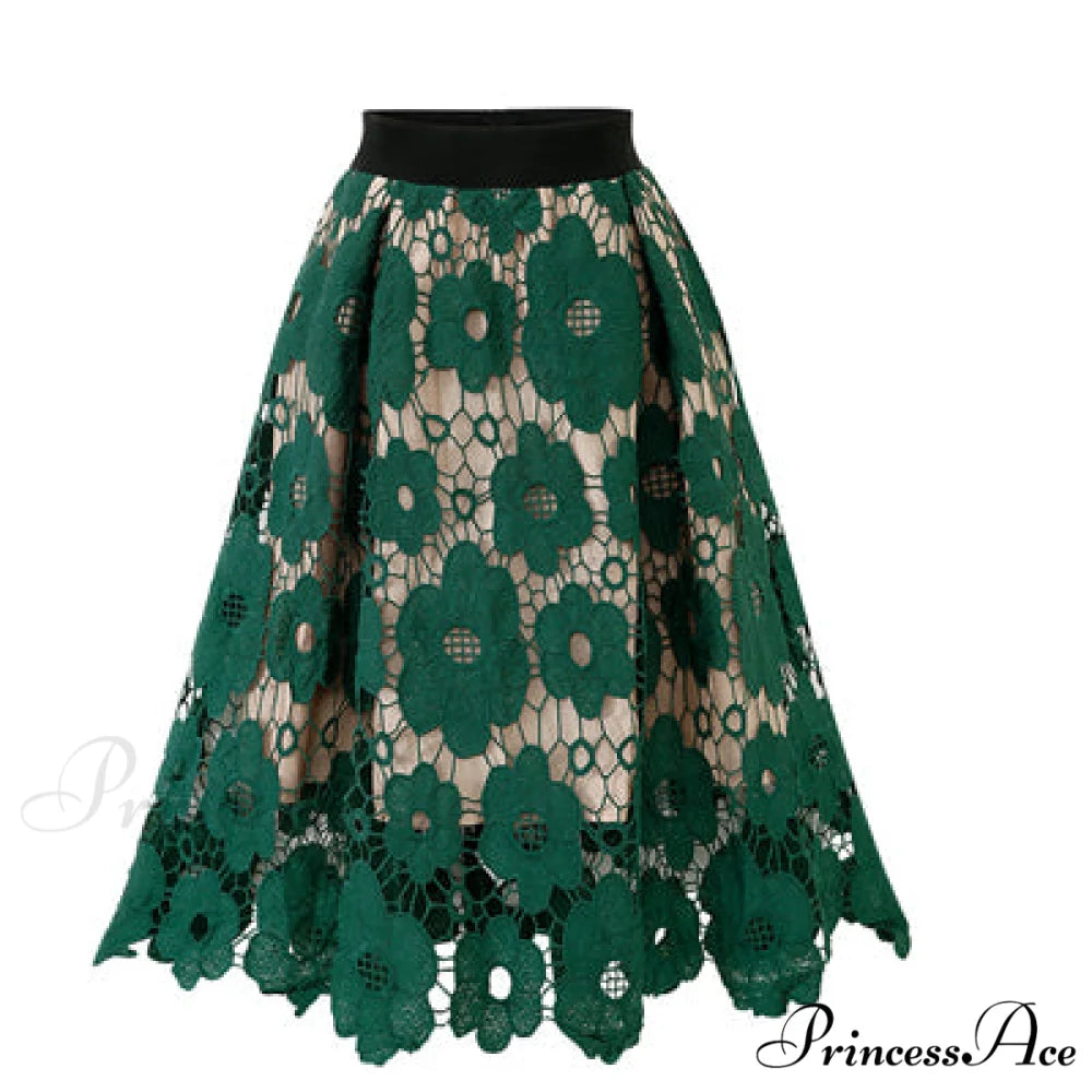 Elegant Flower Hollow Out Lace Skirts Green / M