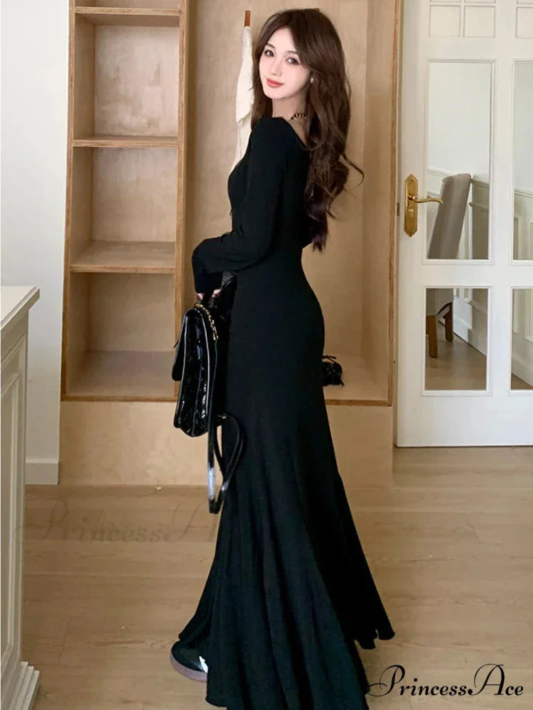 Elegant Formal Solid Slit Asymmetrical Classic Oblique Collar Evening Dress Dresses