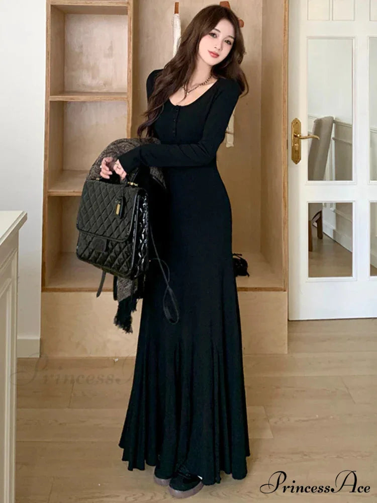 Elegant Formal Solid Slit Asymmetrical Classic Oblique Collar Evening Dress Dresses Black Midi Dress / S