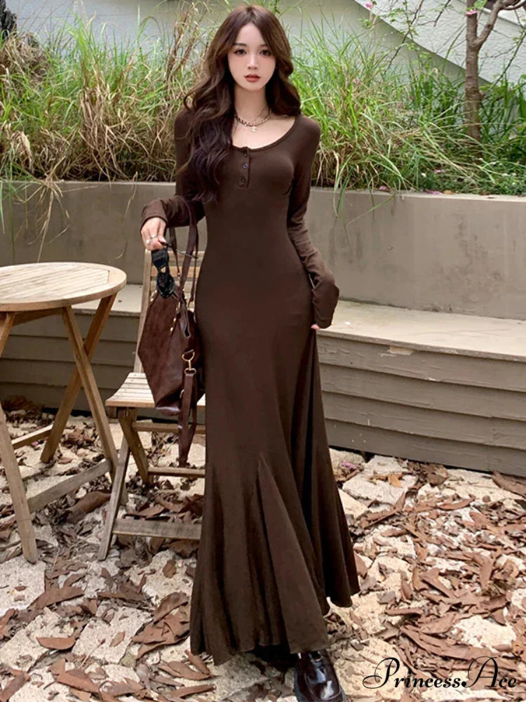 Elegant Formal Solid Slit Asymmetrical Classic Oblique Collar Evening Dress Dresses Coffee Midi Dress / S