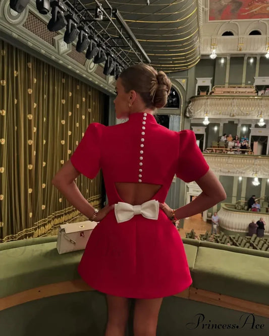 Elegant Formal Stylish Bow Pad Shoulder Christmas Party Dress Red / S