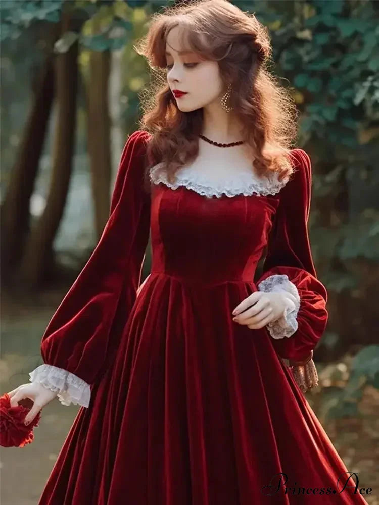 Elegant French Hepburn Velvet Drape Red Christmas Party Dress Red / S