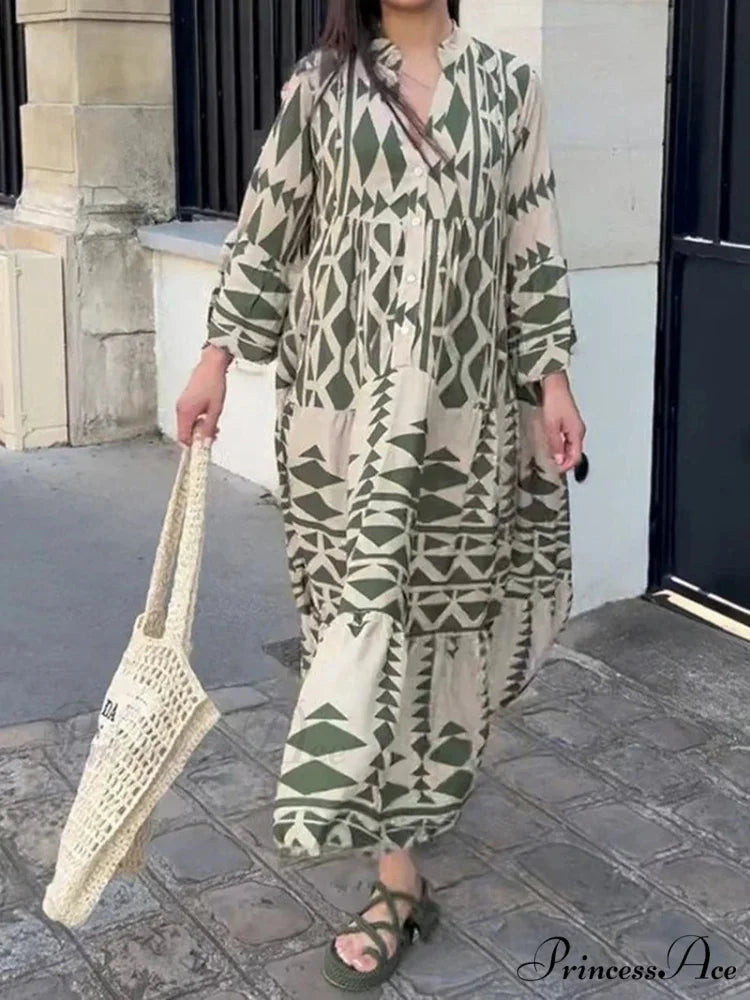 Elegant Geometric V-Neck Autumn Boho Dress GREEN / S