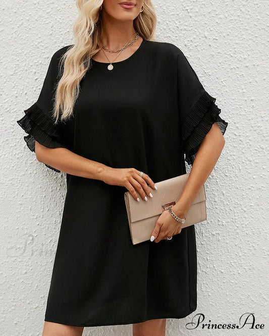 Elegant Half Sleeve Solid Color Dress Black / S