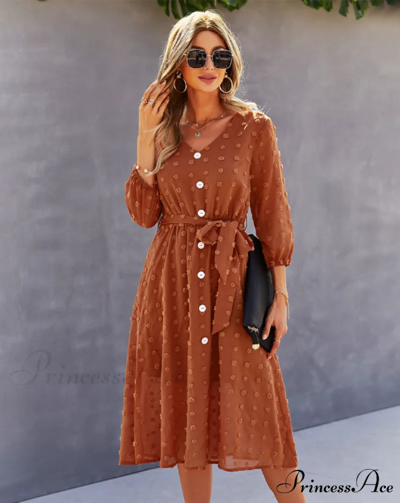 Elegant Half Sleeve Women’s Casual V-neck Midi Dress with Buttons L / BLUE