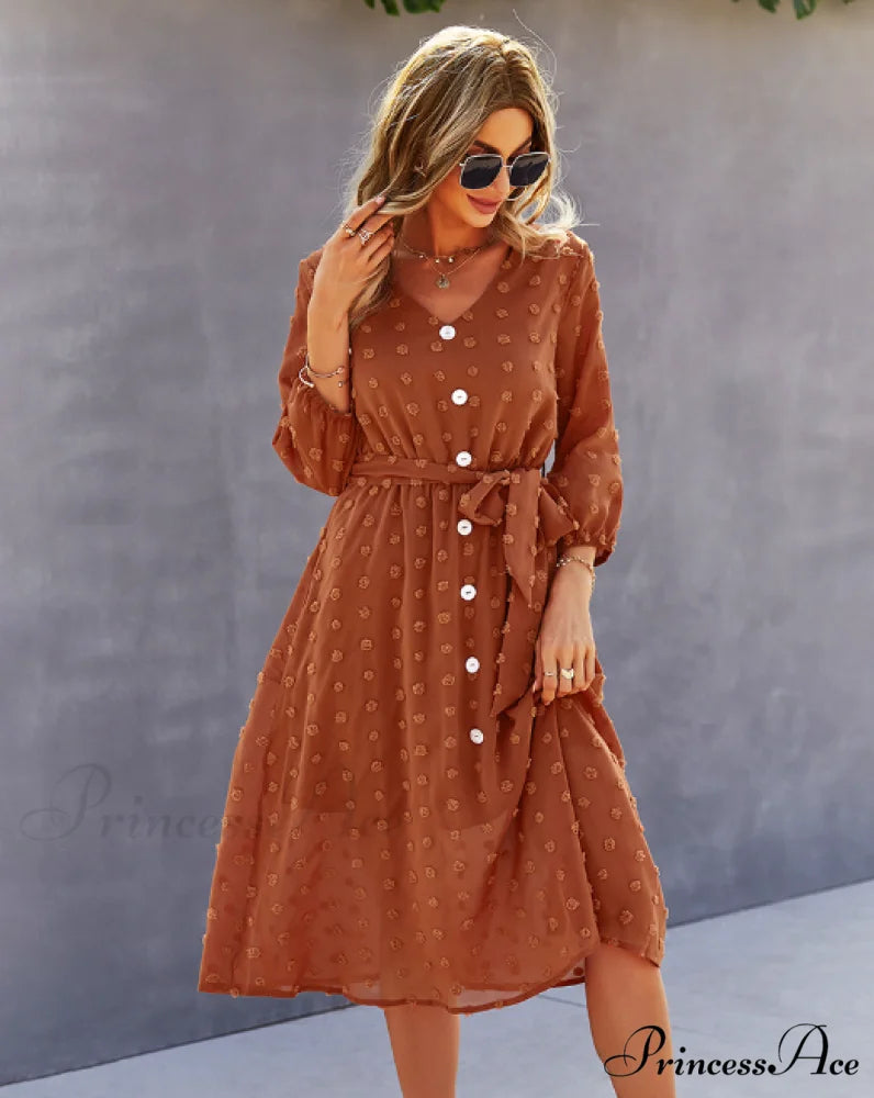Elegant Half Sleeve Women’s Casual V-neck Midi Dress with Buttons L / COFFEE