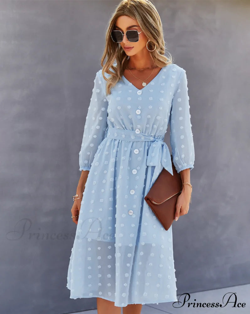 Elegant Half Sleeve Women’s Casual V-neck Midi Dress with Buttons L / PINK