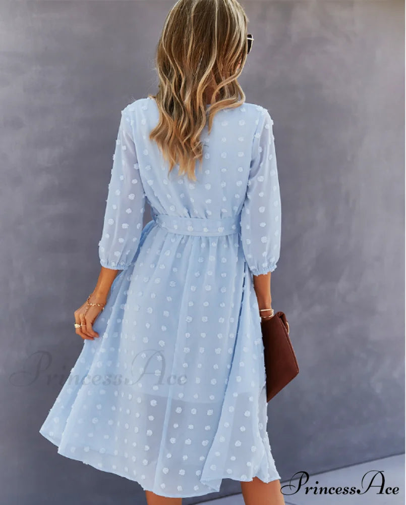 Elegant Half Sleeve Women’s Casual V-neck Midi Dress with Buttons L / YELLOW