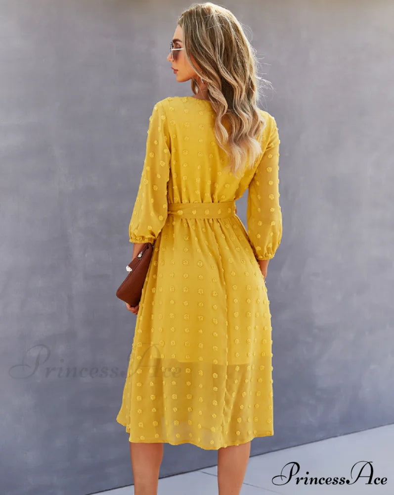 Elegant Half Sleeve Women’s Casual V-neck Midi Dress with Buttons M / BLUE