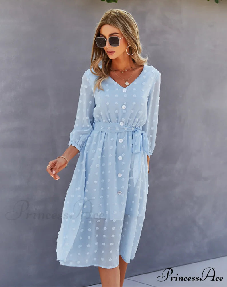 Elegant Half Sleeve Women’s Casual V-neck Midi Dress with Buttons M / COFFEE