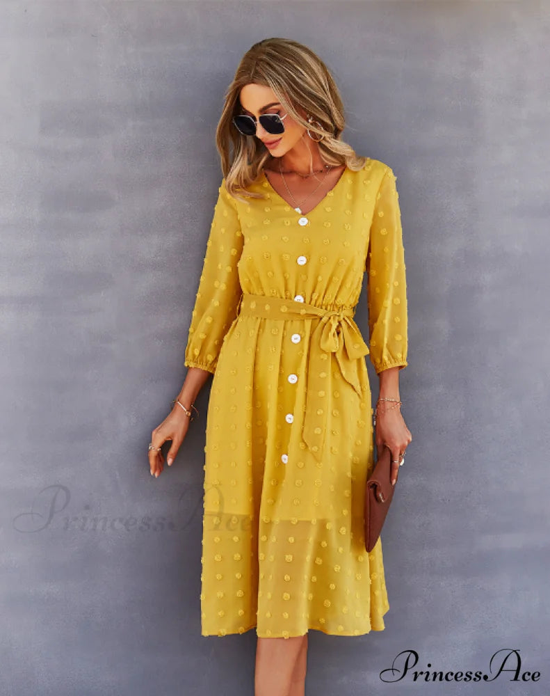 Elegant Half Sleeve Women’s Casual V-neck Midi Dress with Buttons M / PINK