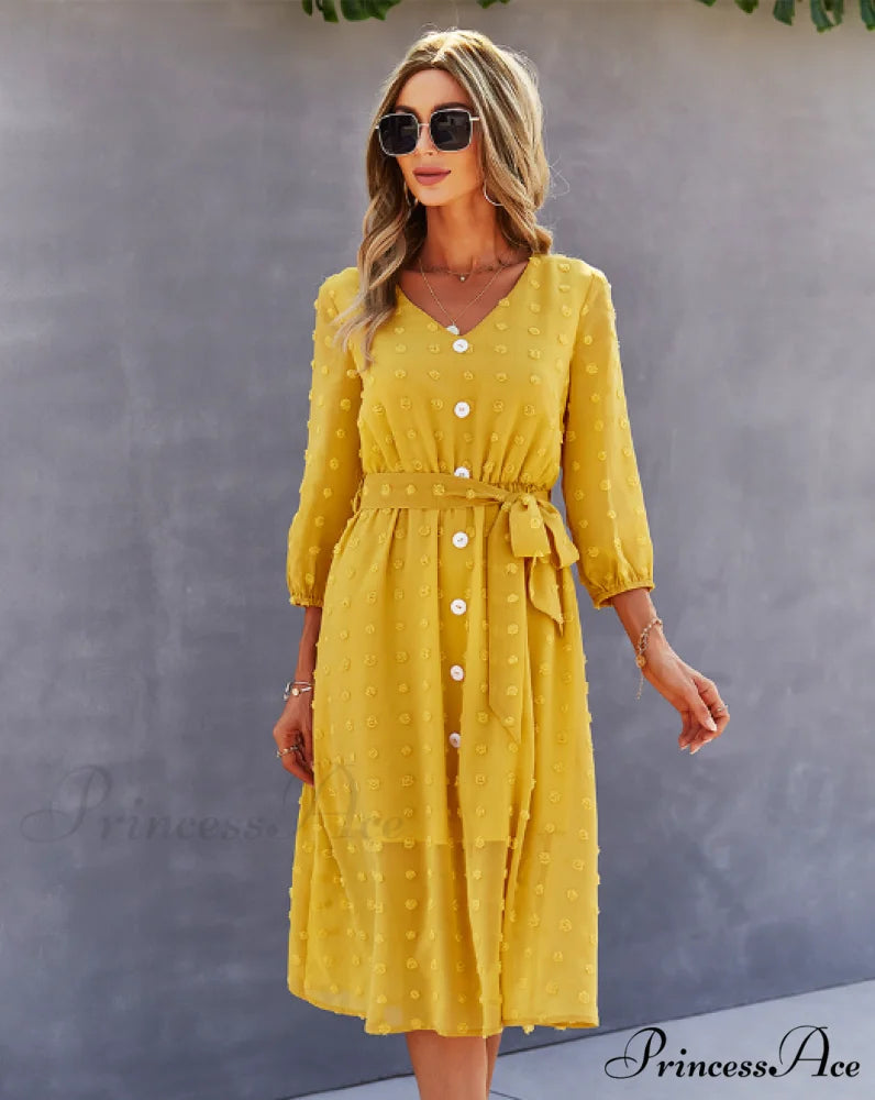 Elegant Half Sleeve Women’s Casual V-neck Midi Dress with Buttons M / YELLOW