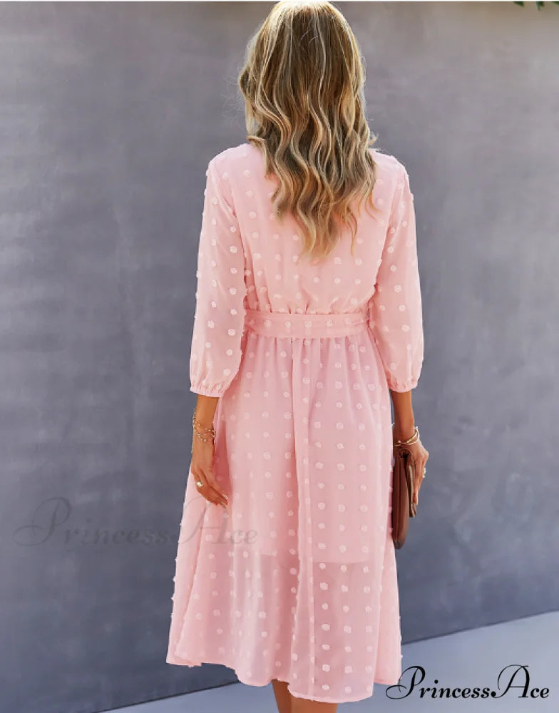 Elegant Half Sleeve Women’s Casual V-neck Midi Dress with Buttons S / BLUE